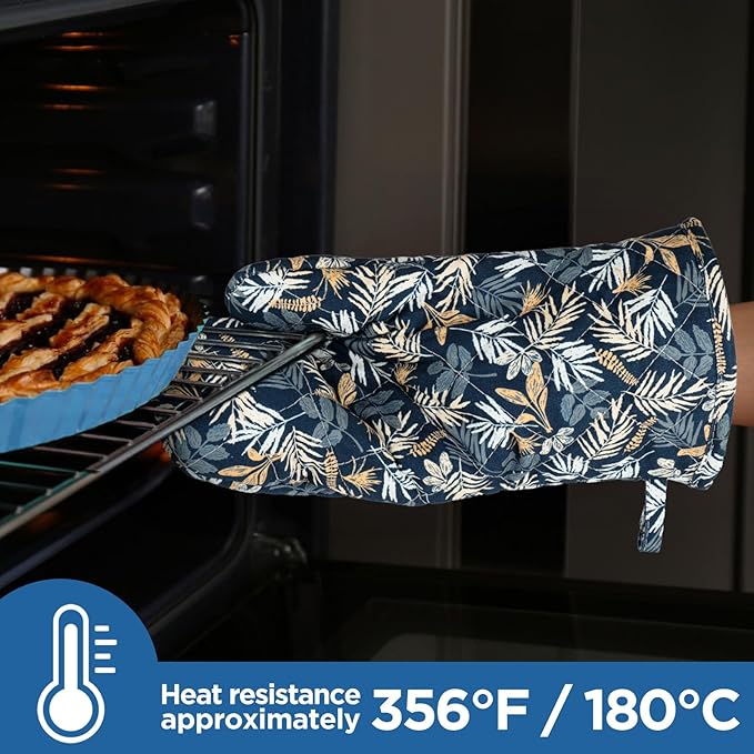 Oven Gloves Extra Long Cotton Cooking Gloves with Non-Slip Striped Baking Gloves for Cooking Baking Grilling - 2PCS
