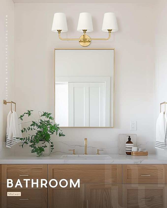 Bathroom Light Fixtures, Brushed Gold Vanity Lights with Beige Fabric Shade, 3-Light Wall Sconce, Modern Sconces Wall Lighting for Hallway Bedroom, VL837-BG-B-3