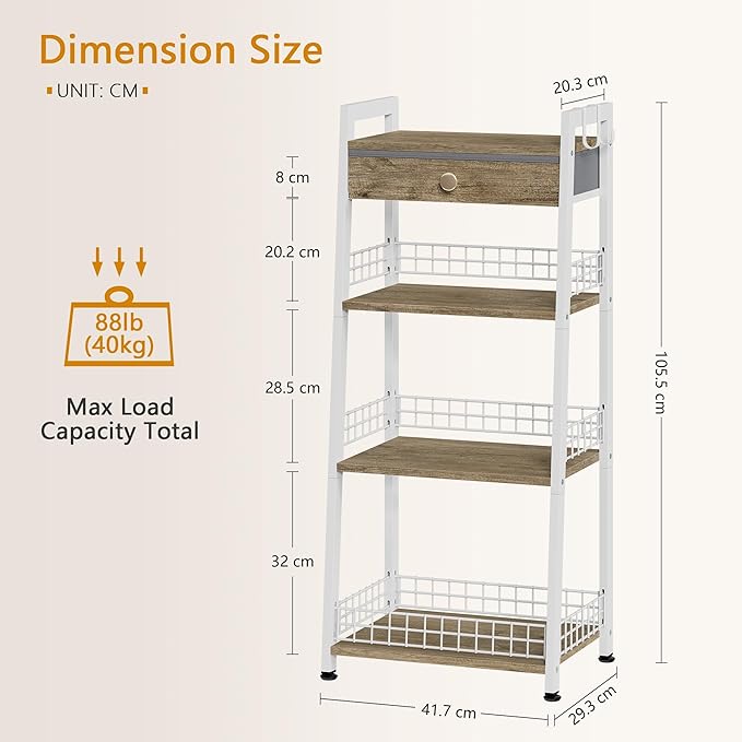 4-Tier Ladder Shelf with Drawer, Bathroom Table Stand for Small Space, Standing Bathroom Shelves with Storage for Living Room Kitchen Bedroom, Organizer Shelf, White