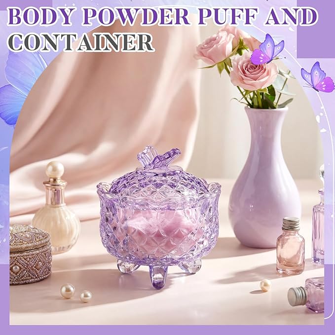 Tioncy 3 Pcs Large Body Powder Puff and Container Valentine's Day gift Powder Container with Puff Crystal Case Soft Washable Reusable Velour Face Body Glitter Wet Dry Makeup(Butterfly,Purple)