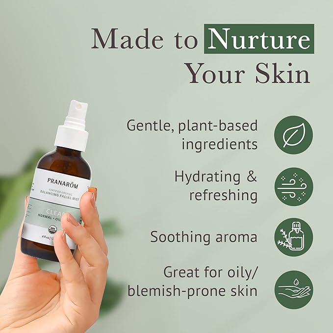 Pranarom Facial Mist (4oz / 120ml) - 100% Pure & Natural Essential Oil Facial Mist for Dry Skin Hydration & Toning (Clear (Oily Skin))