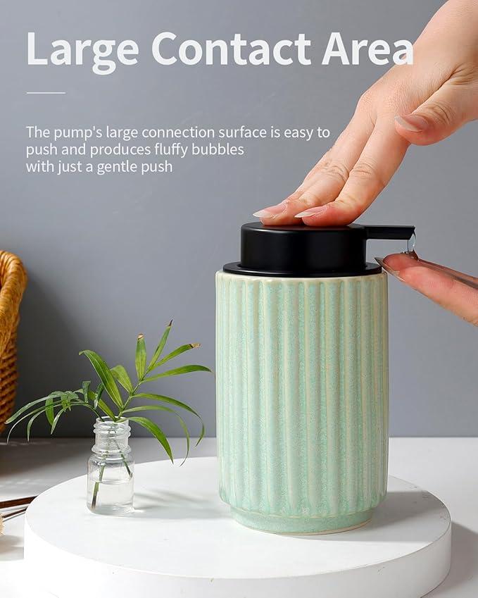 Soap Dispenser, Green Ceramic Refillable Liquid Hand Soap Pump for Bathroom Kitchen, 10.5OZ Lotion Dispenser, Dish Soap Dispenser, Modern Stripe Design, ANTIS'S HOME