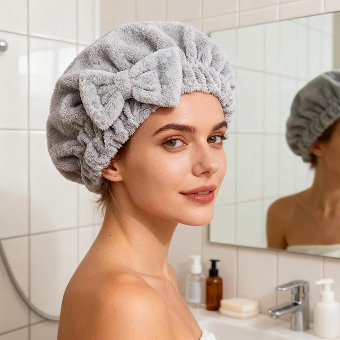 HOPESHINE Microfiber Hair Towel Cap for Women Wet Short or Long Curly Hair Super Absorbent Quick Dry Turbans Anti Frizz Great Gift for Women and Girls (Grey, 1)