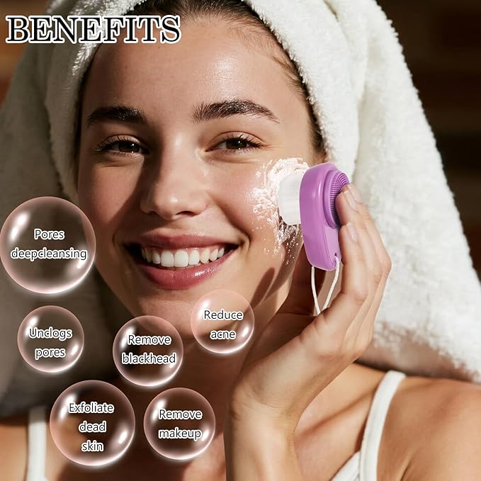 Facial Cleansing Brush 2 Pack, 2 in 1 Silicone Face Scrubber for Men Exfoliating Pore Deep Cleansing, Dual Sided Face Wash Brush with Soft Bamboo Charcoal Microfiber and Lid for Women, Purple