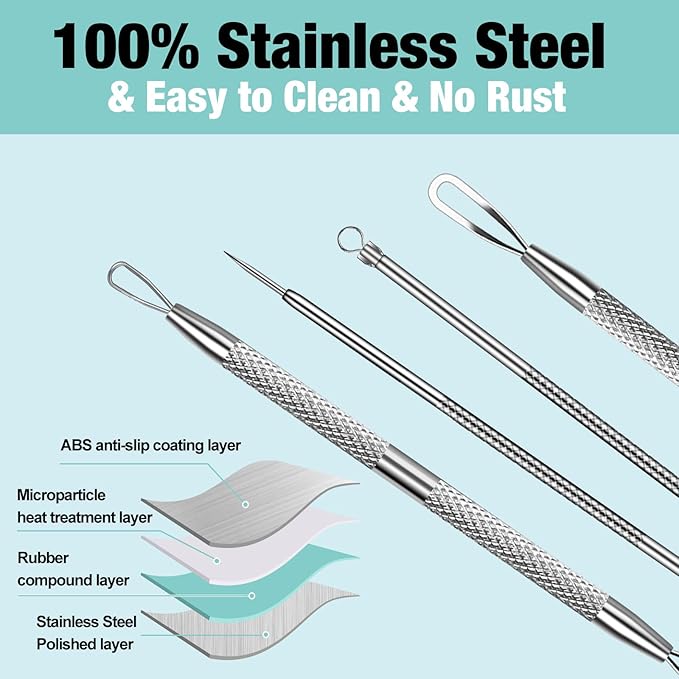 3Pcs Blackhead Remover Pimple Popper Tool Kit Pimple Extractor Acne Treatment Surgical Grade Blackhead Comedone Removal Popper Tool Cleaning Brush for Face Nose Lips