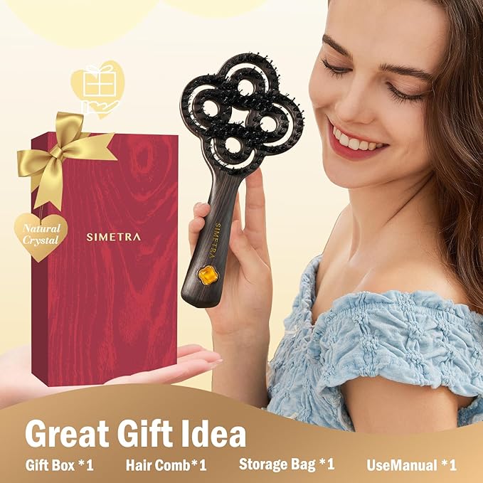 Simetra Detangler Hair Brush for Women and Men, Holiday Present - Original Detangling Brush for Curly Hair/Wet & Dry Hair, Natural Boar Bristles Hairbrush - Natural Crystal Inlay & 14K Gold Plating
