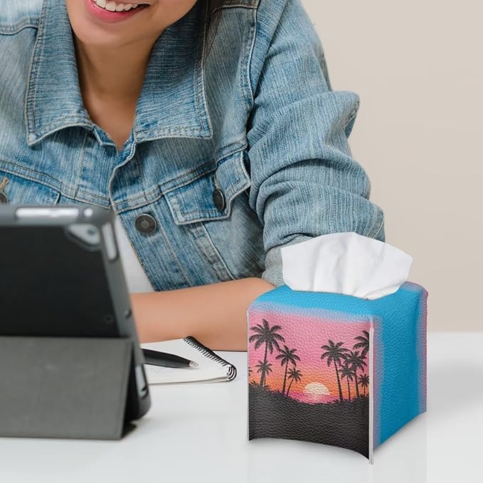 Sunset Tissue Box Holder Waterproof PU Leather Square Modern Tissue Box Cover with Metal Button Napkin Holder for Home Office Car