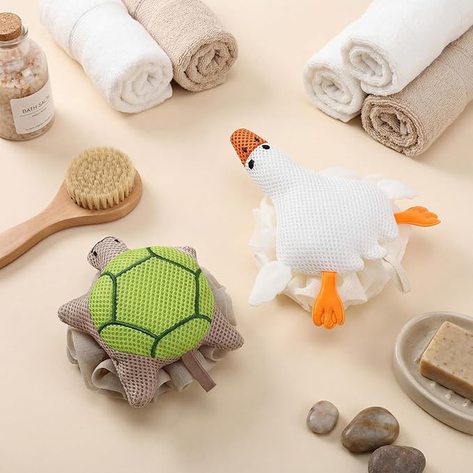 Vesici 2 Pcs Loofahs for Kids Children's Bath Loofahs Girls Toddler Cute Cartoon Bath Sponges Loofah Pouf Body Scrubber Mesh Sponges for Shower Washing Exfoliating (Turtle,Goose)