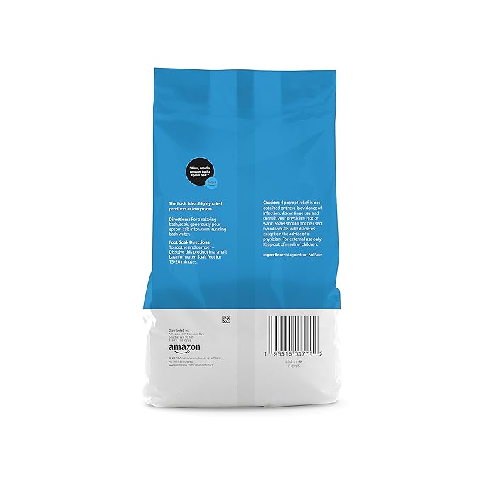 Amazon Basics Epsom Salt Soak, Fragrance Free, Magnesium Sulfate USP for Relaxation and Soothing Foot Soaking, 3 Pound Resealable Bags, 6-Pack