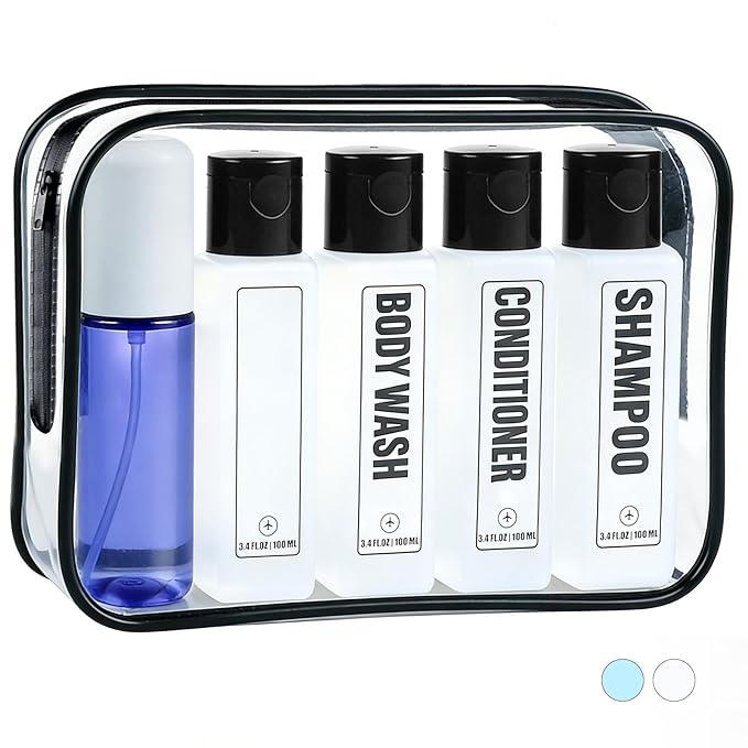 Labeled Travel Bottles for Toiletries, 3.4oz TSA Approved Travel Shampoo and Conditioner Bottles with Spray, Leak Proof Clear Plastic Containers with Flip Cap-5 PCS