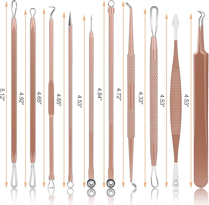Pimple Popper Tool Kit, MENOLY 10 Pcs Blackhead Remover Comedone Extractor Acne Removal Kit for Blemish, Whitehead Popping,Zit Removing for Nose Face Tools with a Leather Bag (Rose Gold)