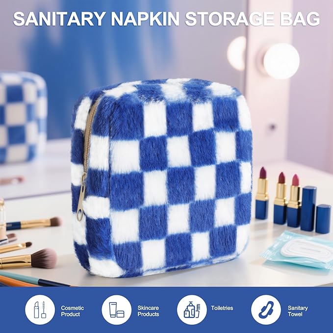 Sanitary Napkin Storage Bag, Period Bag for Teen Girls, Checkered Portable Menstrual Pad Pouch for Panty Liners, Tampon Storage Pouch for Women Ladies Daily Use Storage Purse Travel