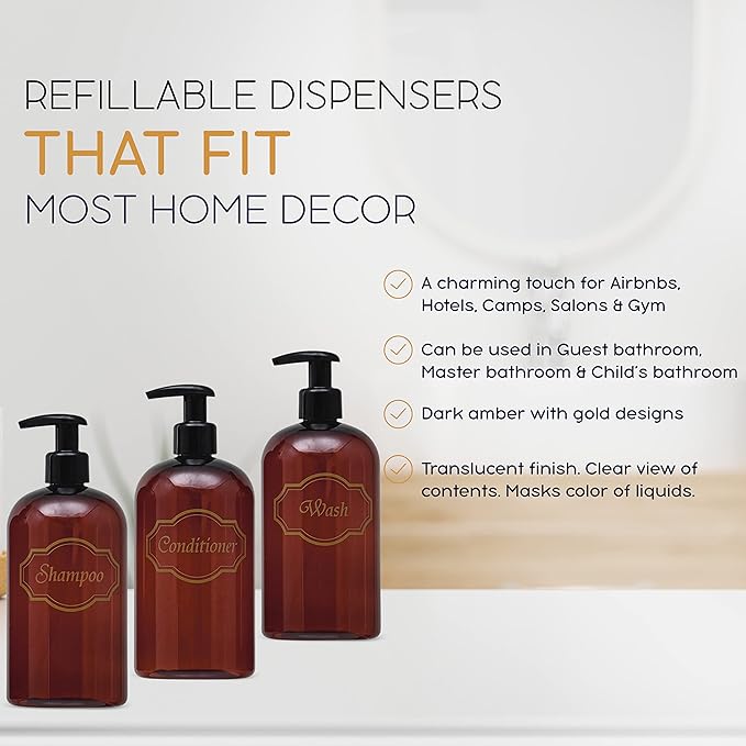 Bottiful Home-16 oz Shampoo, Conditioner, Wash Refillable Empty Plastic Pump Bottle Dispenser Set (Amber)