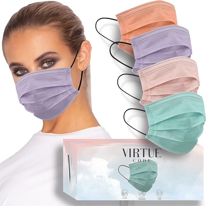 VIRTUE CODE Support Face Masks - Soft 3 Ply Comfort, Colorful Disposable 50 Pack. Pastel Colored for Adults, Men and Women