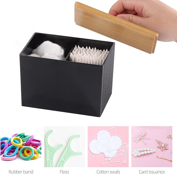 Ohlove Qtip Holder with Bamboo Lids, 3 Compartments Cotton Ball/Swabs Dispenser, Apothecary Jar Plastic Container for Storage and Organizer (Black)