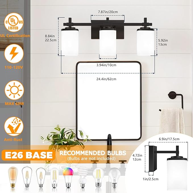 3-Lights Black Vanity Lights for Bathroom with White Square Frosted Glass Shades, Modern Eye-Friendly Bathroom Light Fixtures Over Mirror, Bath Wall Lighting for Bedroom Living Room Cabinet