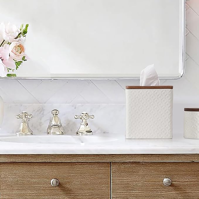 Bathroom Accessories - Ceramic Tissue Holder with Wooden Lid, Decorative Square Tissue Cover Box (White and Beige)