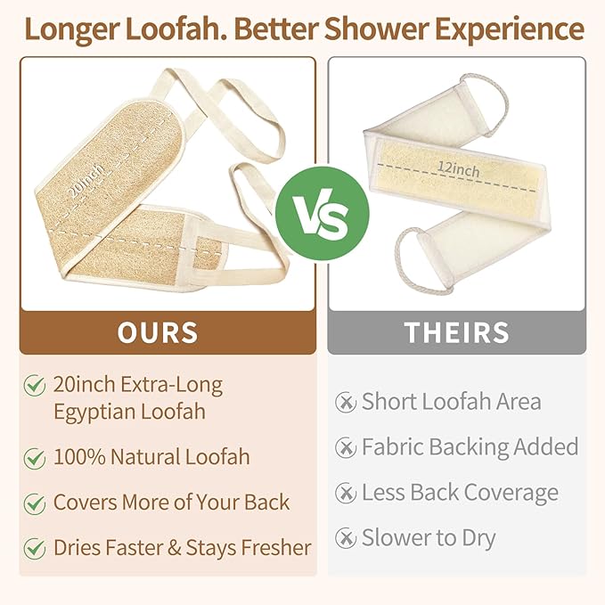 Natural Egyptian Loofah Back Scrubber for Shower,Extra Rough,Deep Exfoliating,Rich Foam,Quick Drying Dual-Handle Strap Exfoliator for Men and Women