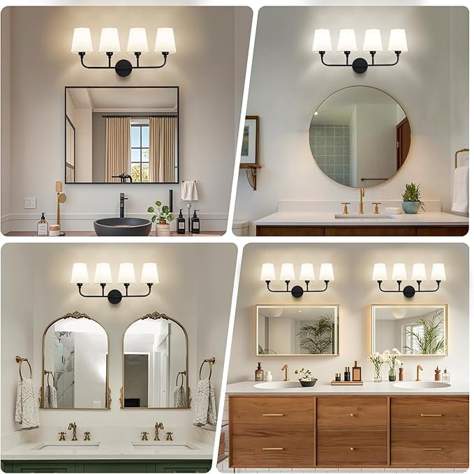 Bathroom Vanity Light, Matte Black Bathroom Light Fixtures, 4-Light Lighting Fixtures Over Mirror, Modern Wall Sconce with Flared White Fabric Shade, E26 Socket(ETL Listed)