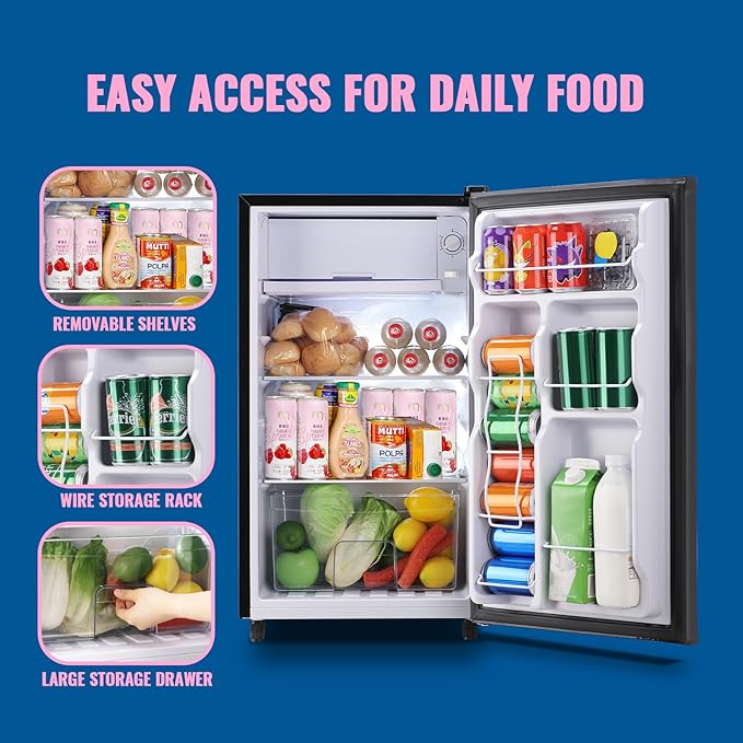 WANAI 3.2 Cu.Ft Mini Fridge with Freezer, Single Door Refrigerator with 5 Adjustable Thermostat, Small Compact Refrigerator Size with LED Light, 3 Removable Shelves Black