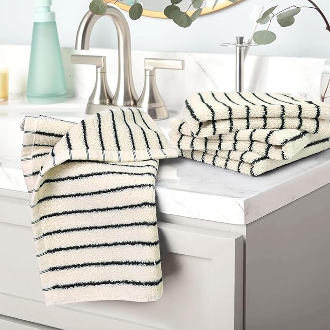 Jacquotha Striped Cotton Washcloths 12 Pack, 13” x 13” - Soft Wash Cloths for Bathroom, Kitchen, Gym, Face, Black and Cream