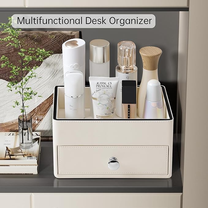 PU Leather Makeup Organizer with Drawer, Waterproof Cosmetic Storage Box, Multifunctional Nightstand Vanity Organizer for Skincare, Perfume, Jewelry, Bathroom Countertop (Beige)