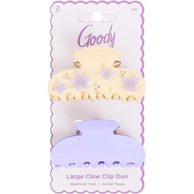 Goody SlideProof Large Claw Clips, Stylish, Secure Grip Hair Clips, Styling Accessories for All Occasions and All Hair Types, Gifts for Women & Girls, White Flowers and Blue, 2 Ct