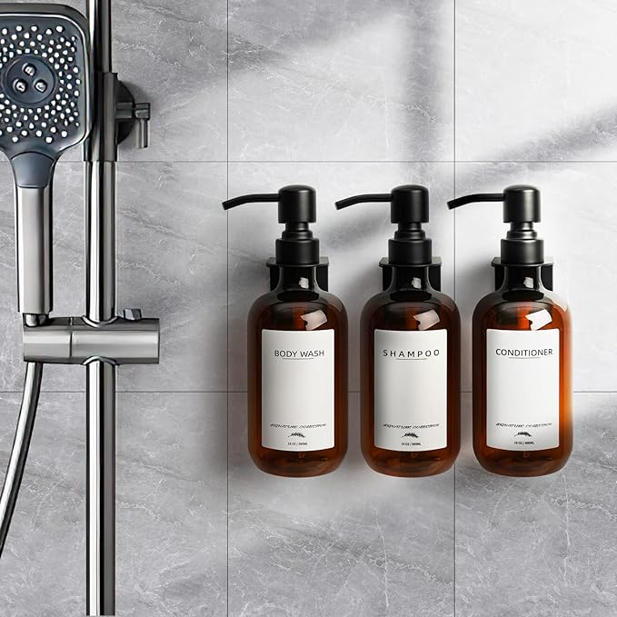 Shampoo Dispenser for Shower Wall Mount, No Drill Shampoo and Conditioner Dispenser with Matte Pump and Waterproof Labels, Shower Soap Dispenser Wall Mounted for Home Bathroom - Amber