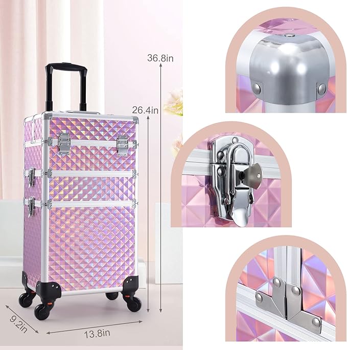Adazzo 3 in 1 Professional Rolling Makeup Train Case Aluminum Trolley Case with 360° Rotation Wheels for Makuep Artist Cosmetic Suitcase Organizer with Lock and Key Diamond Pattern - Pink