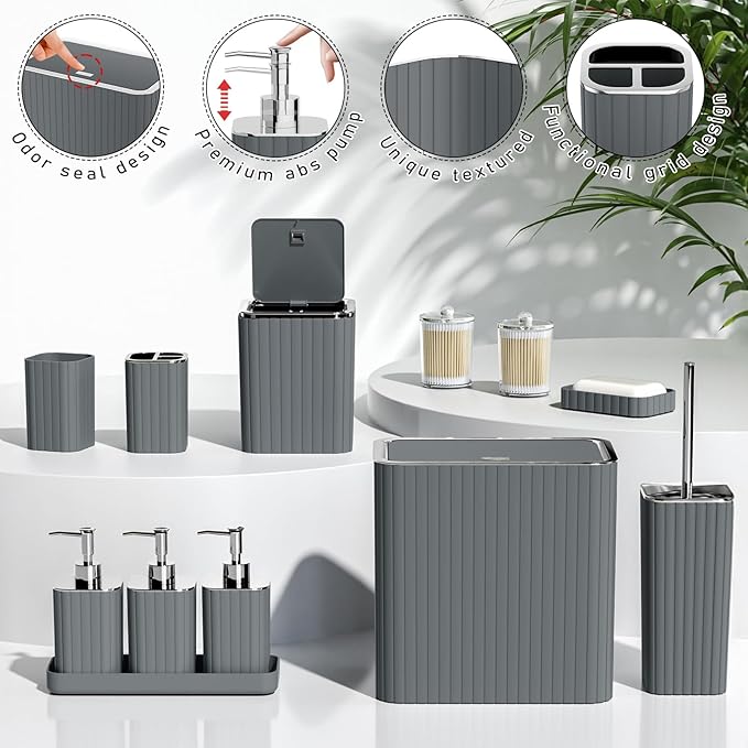 Bathroom Accessory Set - Bathroom Set, 27PC Bathroom Accessories Set, Grey Bathroom Sets with Shower Curtain and Rugs, Mini Trash Can, Toilet Brush, Trash Can & Soap Dispenser