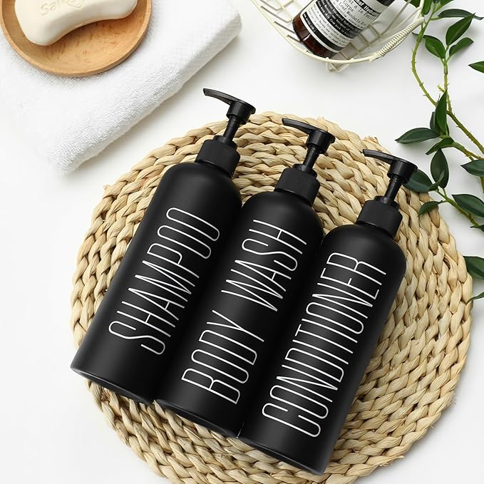 HOMCDALY Black Shampoo and Conditioner Dispenser, 16oz 3-Pack Refillable Pump Bottles, Shampoo Conditioner Body Wash Dispensers Bottles, Bathroom Shower Dispenser (Black-2