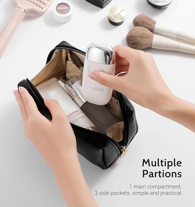 Aveniee Travel Makeup Bag Small, Vegan Leather Cosmetic Pouch for Purse, Wide-open Toiletry Organizer with Dividers & Zipper for Women-Black
