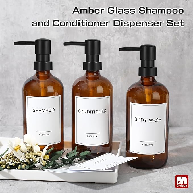 GMISUN Glass Shampoo and Conditioner Dispenser, Shower Soap Dispenser Bottles with Labels, Refillable Shampoo Conditioner Body Wash Dispensers, Amber Glass Soap Pump Dispenser Set for Bathroom Shower