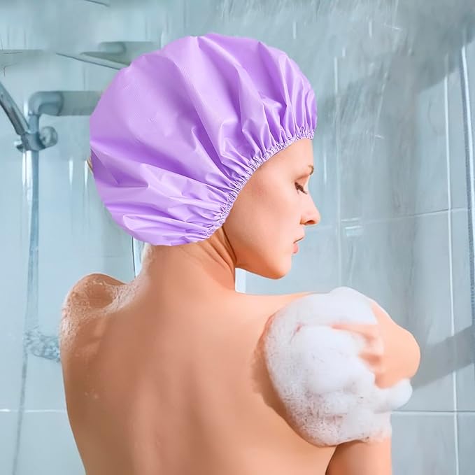 6 PCS Shower Caps for Women, Double Side Waterproof Shower Cap, Reusable Elastic Bath Caps for Shower, EVA Bathing Shower Caps, Bath Hair Caps - Black+Plum+Teal+Red+Lavender+Gray