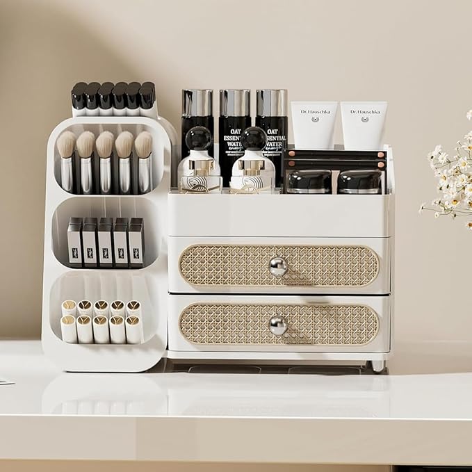 Makeup Organizer with Drawers for Vanity,Spacious Cosmetic Display Case,Perfect Storage Solution for Your Beauty Essential (All White)