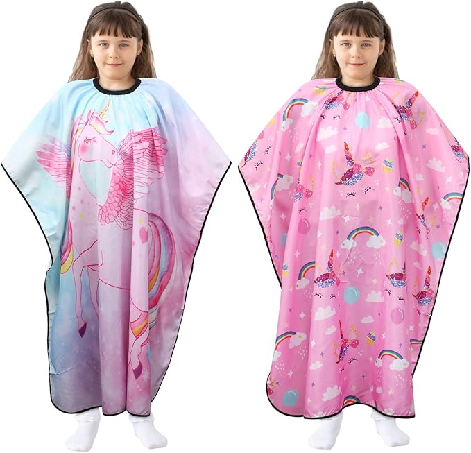 Ramede 2 Pcs Unicorn Barber Cape Professional Salon Hair Cutting Dye Hair Cut Apron Cape with Closure Cutting Cover for Kid