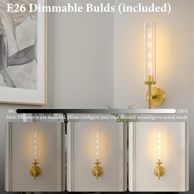 Brass Knurled Tube Wall Sconce - Set of 2 Luxury Modern Glass Sconces with Bulbs - Gold Dimmable Indoor Lighting - Vertical Mounted Light Fixture for Vanity Mirror Bathroom Bedroom Living Room Hallway