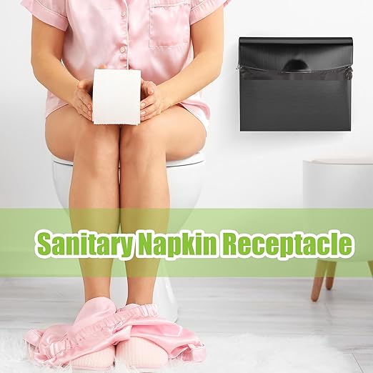 Tioncy 1 Pack Sanitary Napkin Disposal Receptacle with Feminine Hygiene Disposal Bag Stainless Steel Tampon Bin Trash Can Wall Mounted Waste Tampon Holder Feminine Hygiene Container (Black)