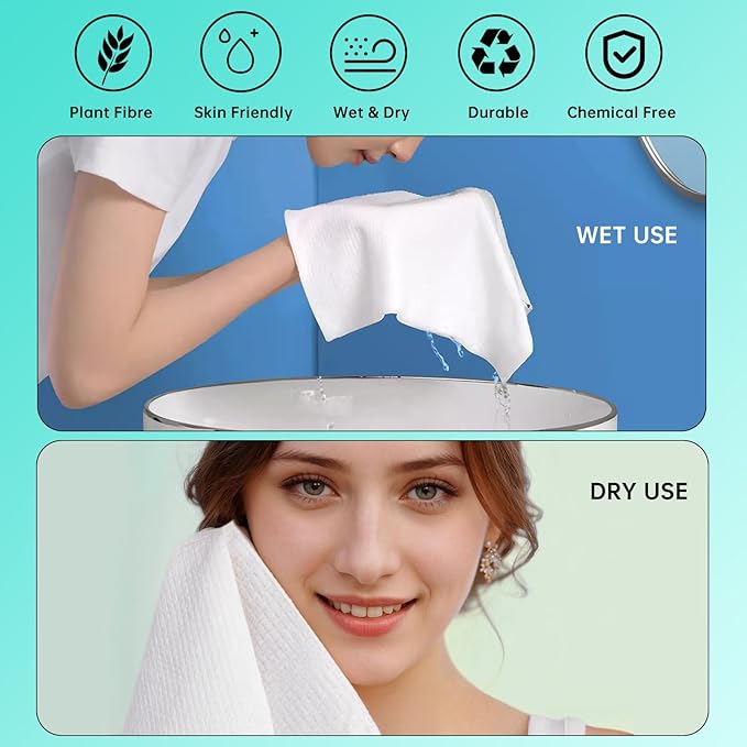 ONLYCARE Disposable Face Towel, Biodegradable Face Towels, 10" x 12" Super Thick Soft Facial Towels, 100 Count Face Towelettes Disposable for Sensitive Skin, Makeup Remover Dry Wipes, 2 Pack