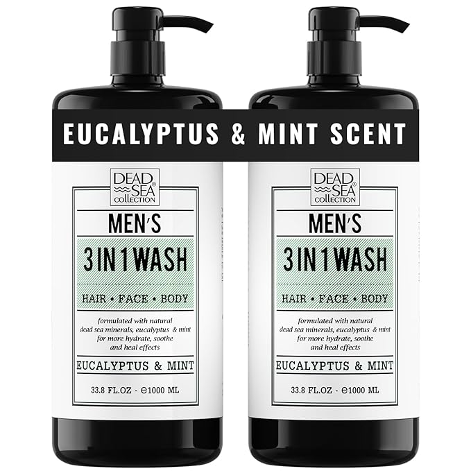 Dead Sea Collection Eucalyptus Mint Men’s Body Wash – 3 in 1 Body Wash for Men for Hair, Face & Body – Moisturizing Shower Gel with Dead Sea Minerals – Pack of 2 (33.8 fl oz each)