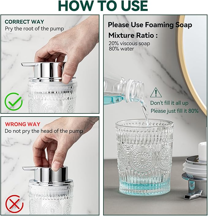 Glass Foaming Soap Dispenser - Foaming Hand Soap Dispenser for Bathroom & Kitchen, 10 OZ Transparent Foam Hand Wash Dispenser, Refillable Dish Dispenser Golden Pump