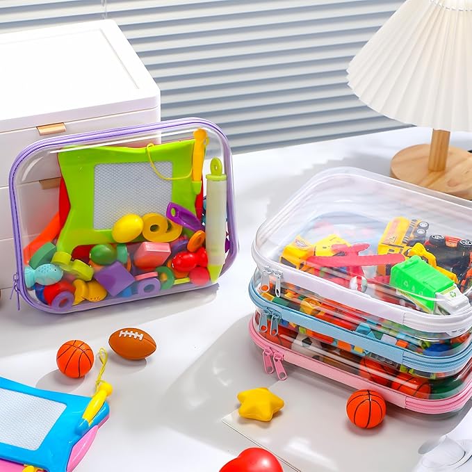 Hoolerry 4 Pcs Hard Clear Zipper Case Makeup Bags Plastic Zipper Pouch Transparent Storage Box Containers for Cosmetics, Snacks, Building Blocks, Puzzles(Clear,9.8 x 7.9 x 2 in,Multicolor)