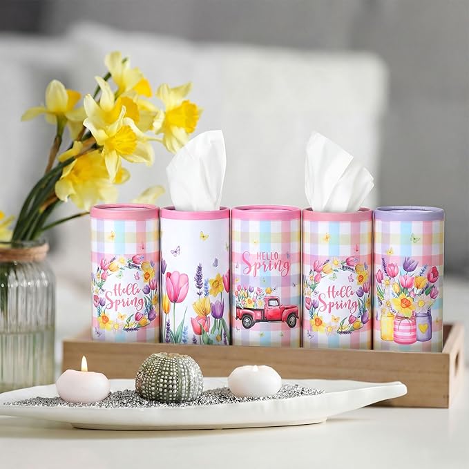 12 Pack Hello Spring Car Tissue Cylinder Holder Bulk with 3 Ply Facial Tissues Flower Round Napkin Holders for Cup Holder Cylinder Floral Mason Jar Travel Paper Tubes Bulk Napkin Boxes Packs
