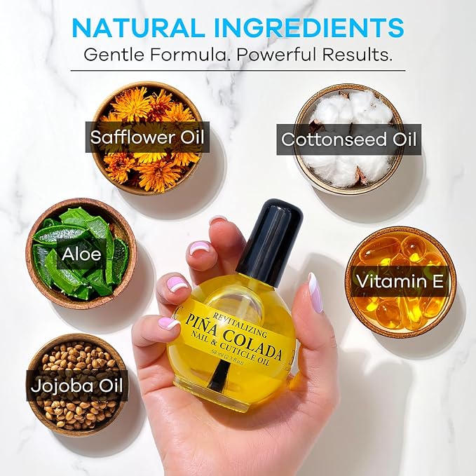 ELLIE CHASE Moisturizing Cuticle & Nail Care Oil 2.3 Fl Oz - Pina Colada Scented – Infused with Jojoba Oil, Aloe, Vitamin E – Nail & Cuticle Hydration, Repair, Moisturizer, Strengthener, Growth