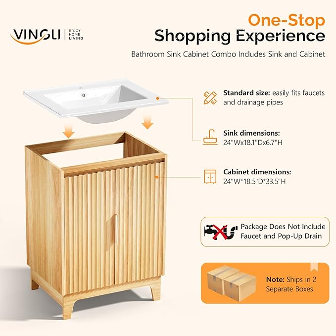 VINGLI 24 Inch Bathroom Vanity with Sink, Mid Century Modern Fluted Vanity Cabinet with Ceramic Basin, Small Free Standing Combo for Powder Room, Soft Close Doors, Natural Oak
