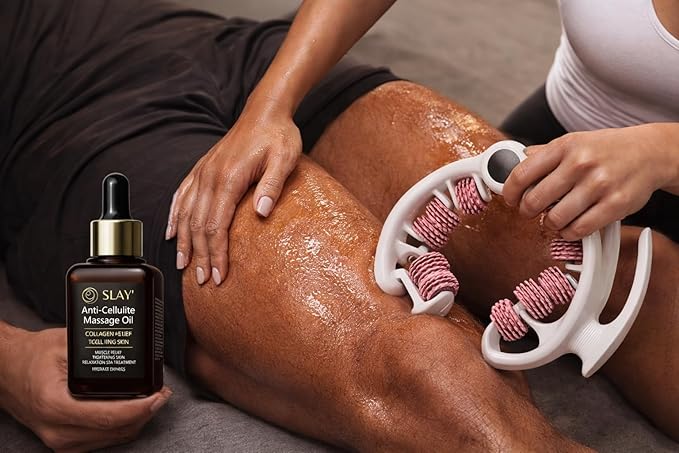 SLAY' Anti Cellulite Massage Roller & Body Oil Bundle, Lymphatic Drainage Roller, Cellulite Remover for Legs and Arms, Deep Tissue Massage Relief, Self Care Gifts, Womans Gifts
