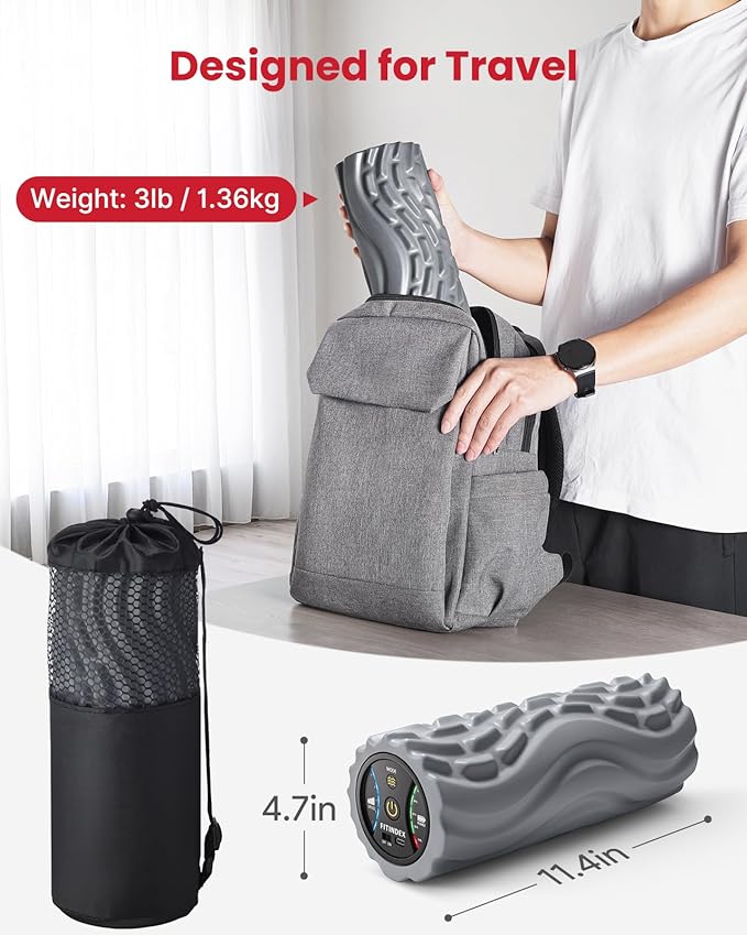 FITINDEX Vibrating Foam Roller for Back Pain, FSA&HSA Eligible, 5-Speed Muscle Massage, Exercise, Muscles Deep Tissue, Physical Therapy, Pilates, Yoga, Neck, Leg, Rechargeable, Travel Portable, Gray