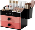 Makeup Organizer for Vanity with Brush Holder, Countertop Skincare Organizer with 2 Drawers, Spacious Cosmetic Display Case for Perfumes, Eyeshadow Palettes, Nail Polishes