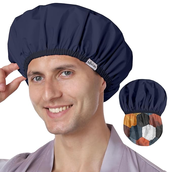 Years calm Men Shower Cap Reusable Waterproof, Dual-Layer Design, Double-Sided Use,Protects Hair in Shower, Spa,Travel & Cooking, Adjustable Elastic for Comfortable Fit (Colorful Geometric, One Size)