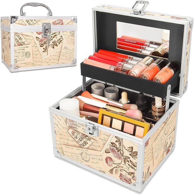 VNIMTI Makeup Train Case, Portable Makeup Box with Mirror, Cosmetic Storage Box for Women with Trays, Makeup Box Organizer for Vanity, Travel, Lockable& Large Capacity (Philatelic Style)